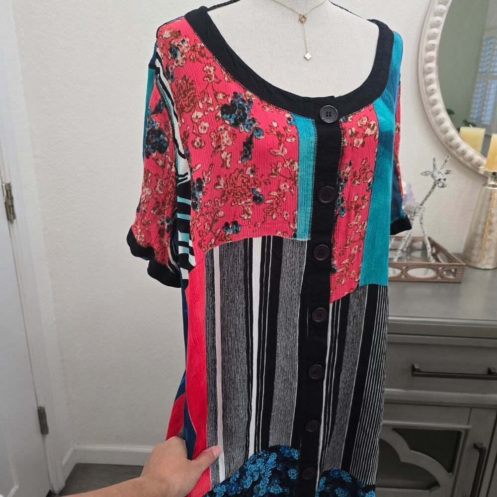 LA CERA Patchwork Button Dress XL Boho Artsy Short Sleeve Lagenlook Bohemian - Picture 4 of 10
